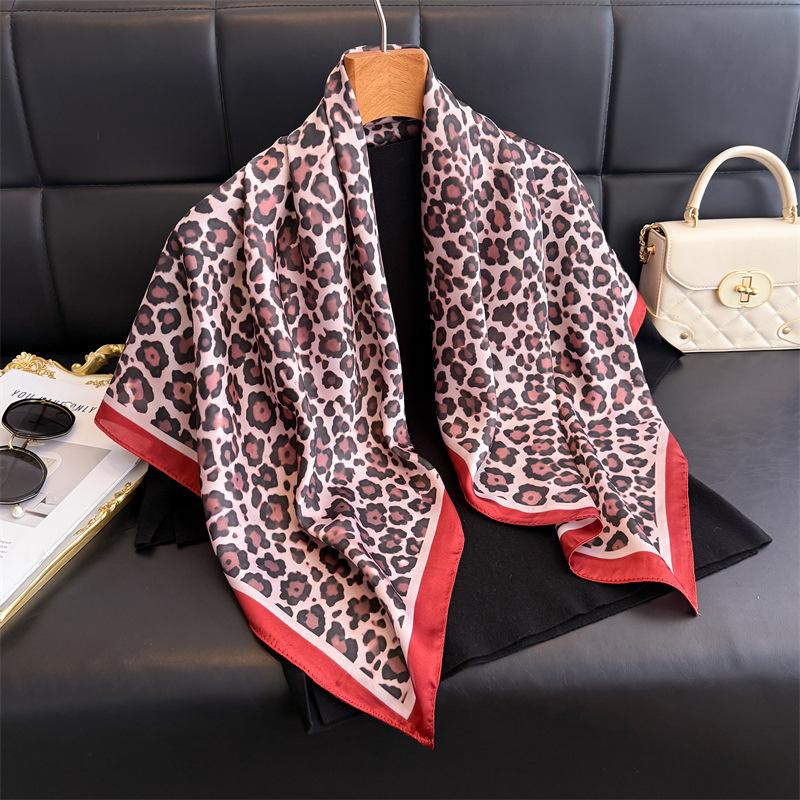 Casual Leopard Print Imitation Silk High-end Large Square Scarf Silk Scarf Printed Shawl Versatile Scarf Sunscreen Scarf Headscarf Scarf