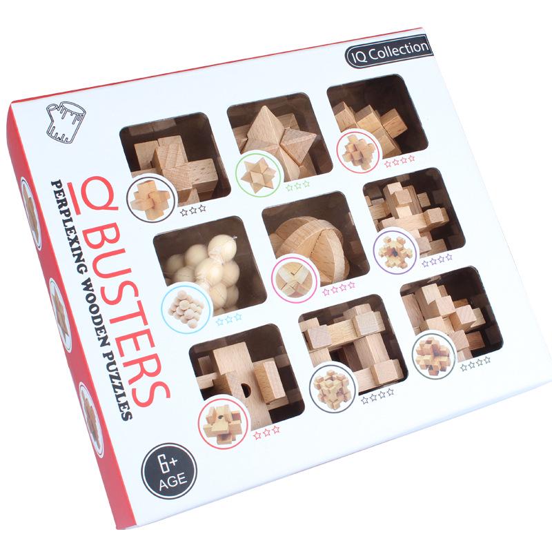 Mini Beechwood Kongming Lock & Luban Nine Ring Puzzle Set - Educational Brain Teaser for Kids & Students