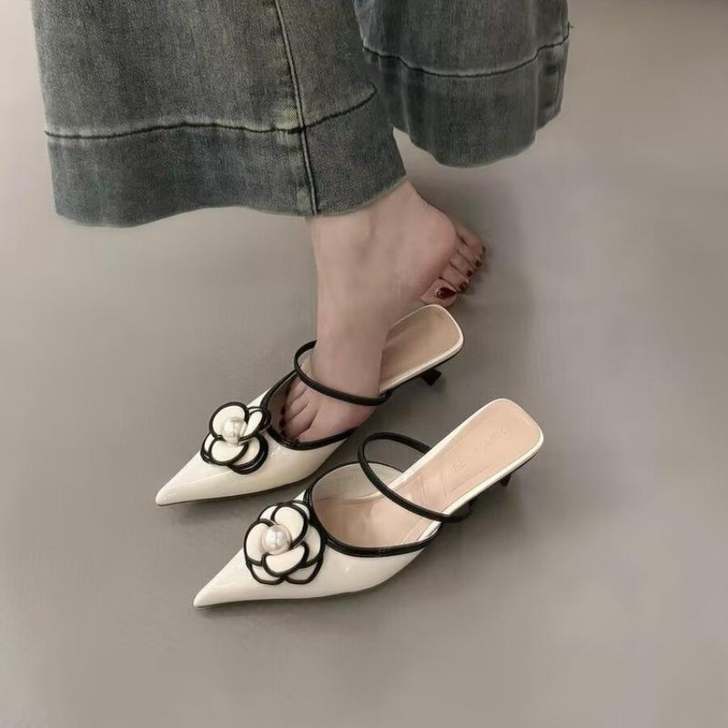 Fashion Flower Pointed Toe High Heels Women Luxury Designer Sandals Female Summer Elegant Fashion Pumps Woman Flower Mule Slippers Women