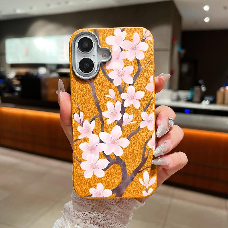 

Чехол для iPhone 17 Pro Max, стиль ручной рисунок, узор сакуры, кожаная текстура, мягкая силиконовая крышка для iPhone 16 15 14 13 Pro 12 11 16E Air iPhone 16 Pro оранжевый