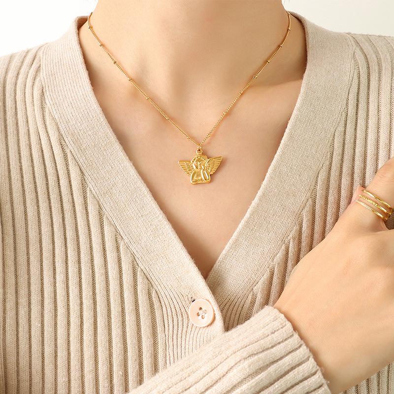 Women's 18K Gold Angel Pendant Necklace - European & American Hip Hop Style, Titanium Steel Clavicle Chain