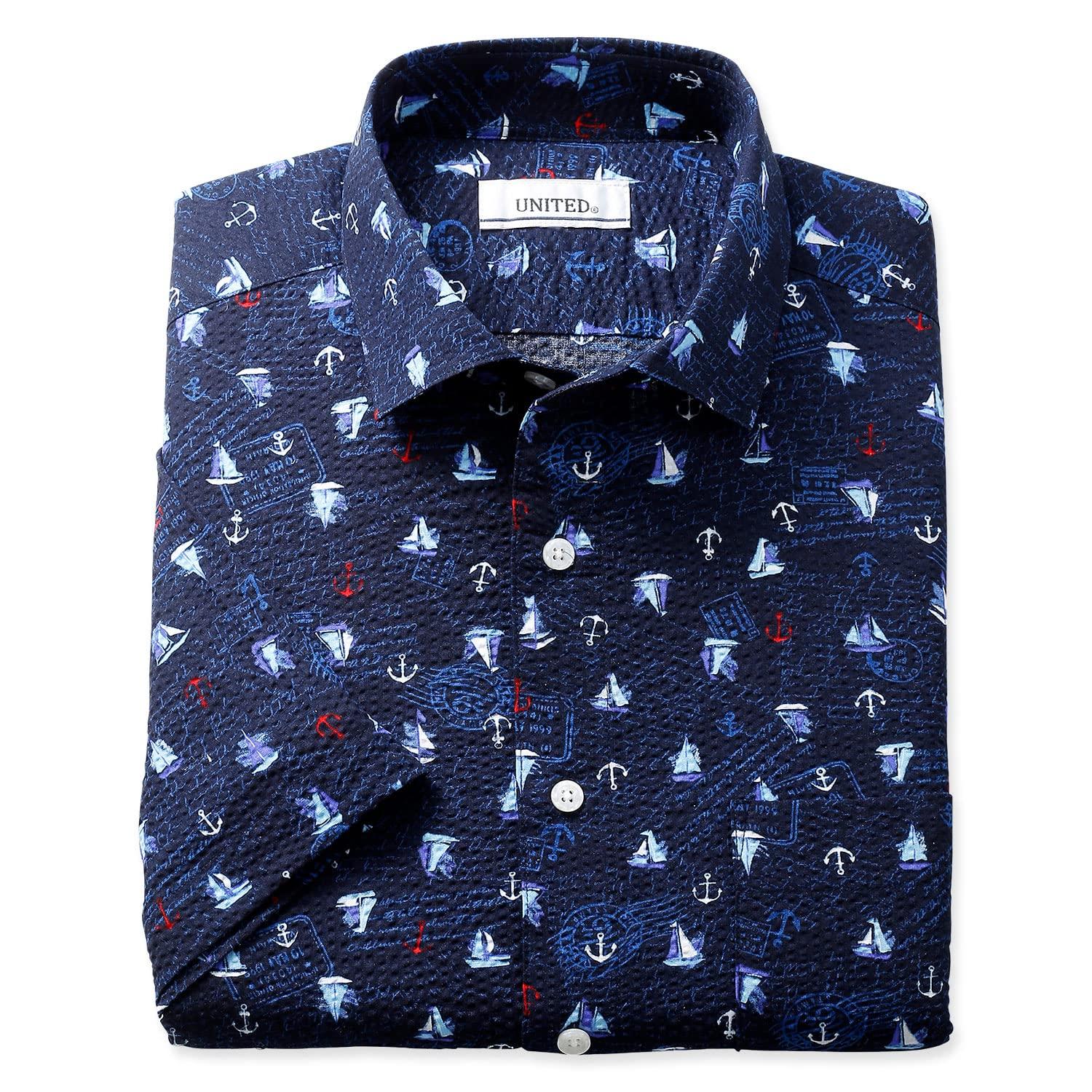 

Ripple Print Short Sleeve Shirt Made in Japan Yacht [UNITED] Men s (L, Navy)