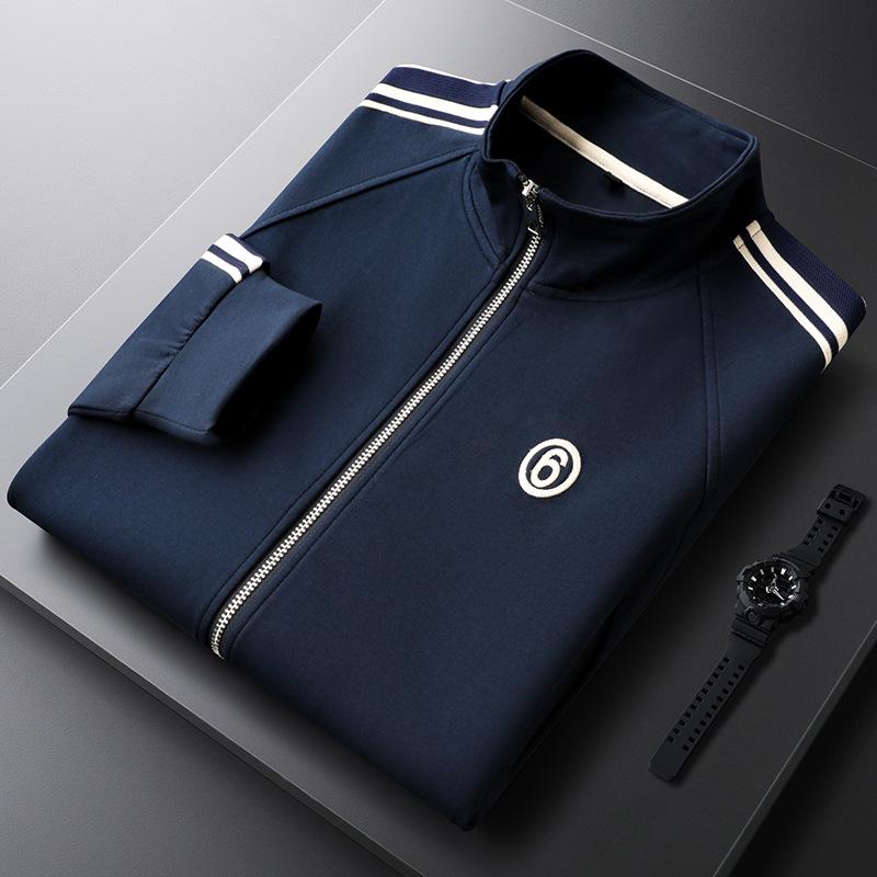 Men's Slim Fit Embroidered Blue Jacket with Side Stripe - Casual & Fashionable Autumn Wear