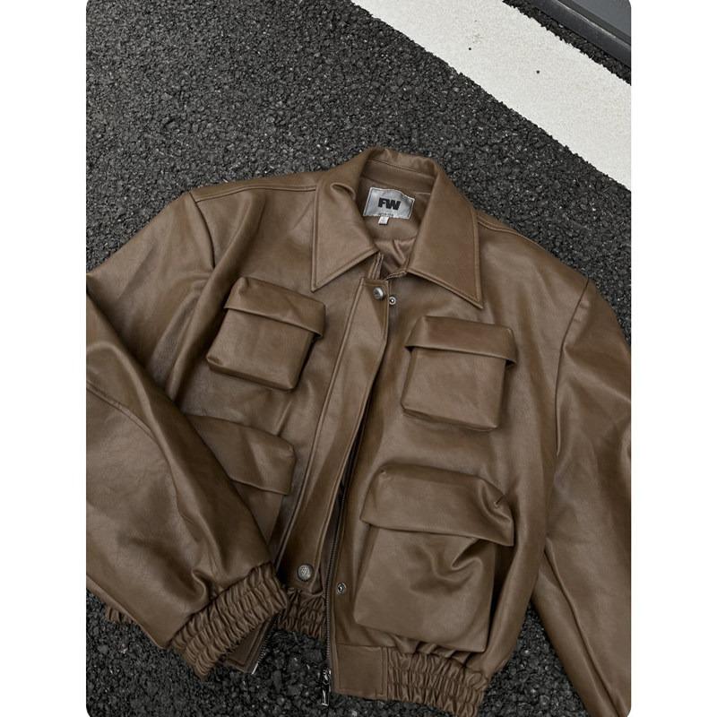 American retro high-end silhouette short leather jacket men's and women's multi-pocket lapel ruffian handsome fried street motorcycle leather jacket