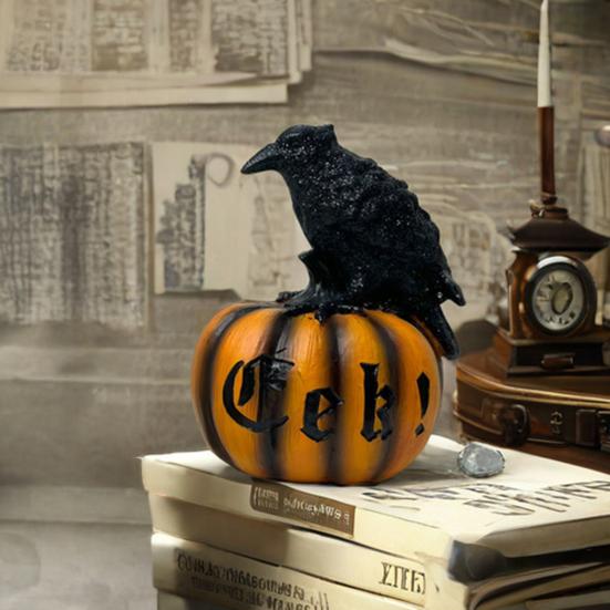 Halloween Skeleton Pumpkin Statue Spooky Pumpkin with Skull/Crow Sculpture Halloween Indoor Resin Ornament for Home Office Desk Decor