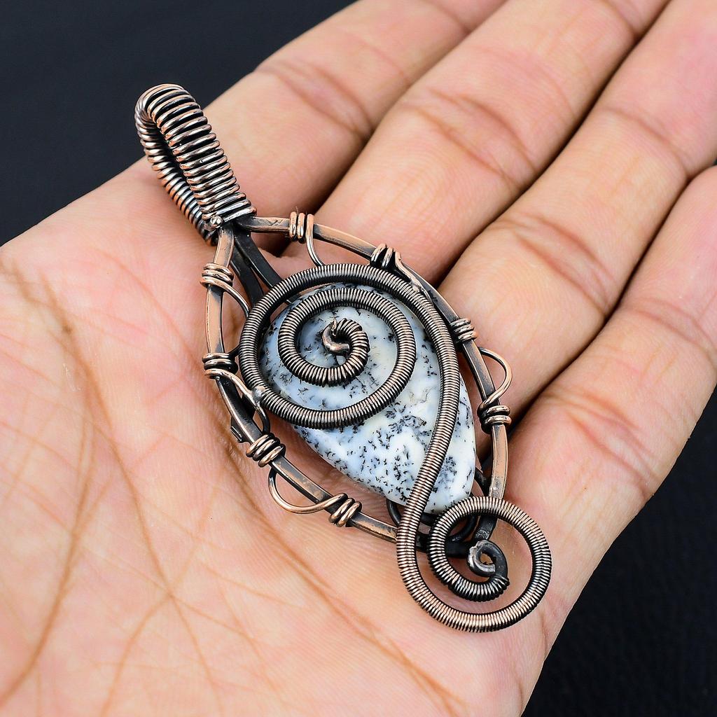 Δενδριτικός Οπάλιος πολύτιμος λίθος Χειροποίητο μενταγιόν τυλιγμένο με καθαρό χάλκινο σύρμα Κοσμήματα για εκείνη