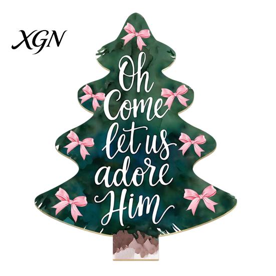 Festive Home Decor Accents Colorful Christmas Tree Tabletop Decor, Wooden Plaid Patterned Xmas Signs with Small Party Favors Merry Greetings,