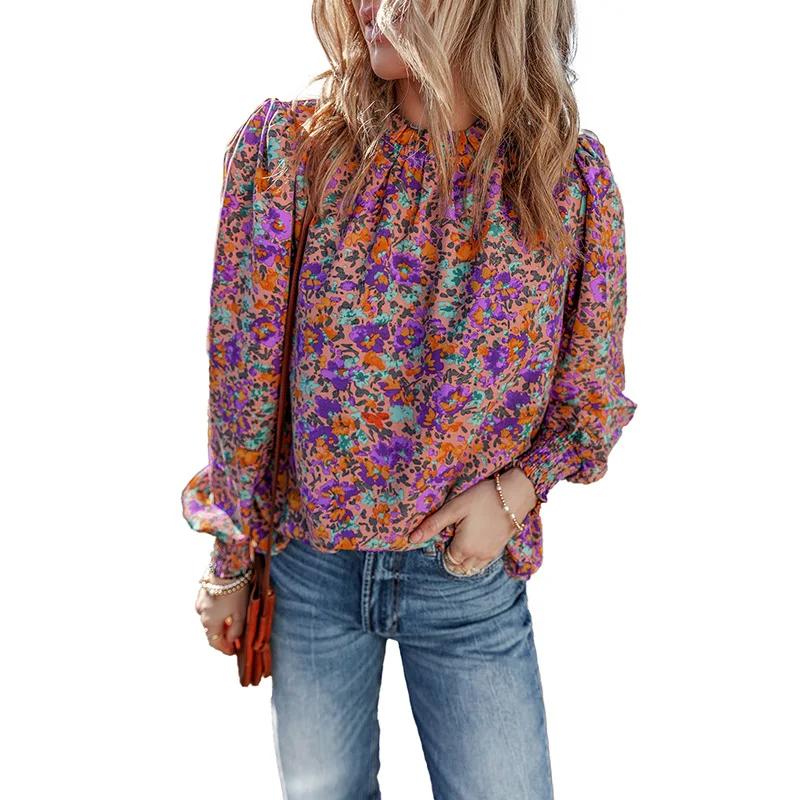 

Commuting Versatile Loose Long Sleeved Top New Floral Printed Chiffon Shirt for Women s XL фіолетовий
