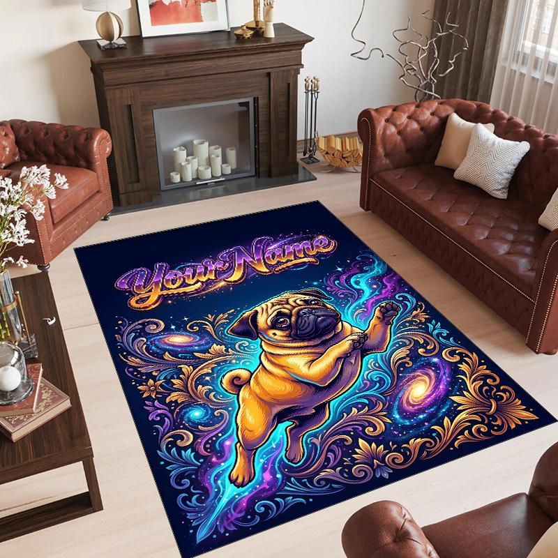 Pug Theme Crystal Velvet Floor Rug Personalized Custom Name Text Warm Carpet Home Decoration