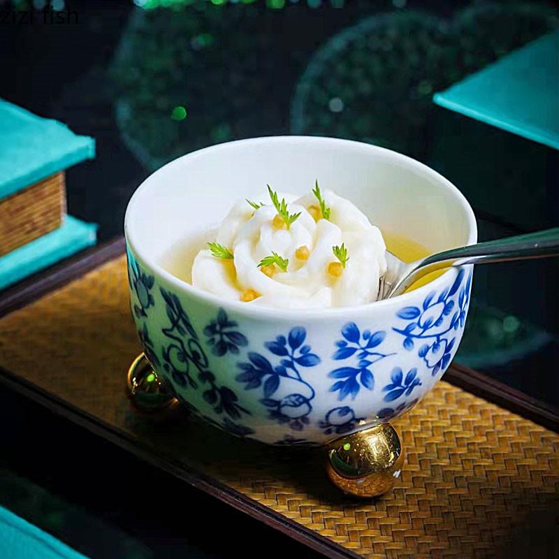 Blue and White Three-legged Ceramic Bowl with Cover Soup Bowl Dessert Bowls Serving Plate Dinner Plates Fruit Plate Salad Bowls
