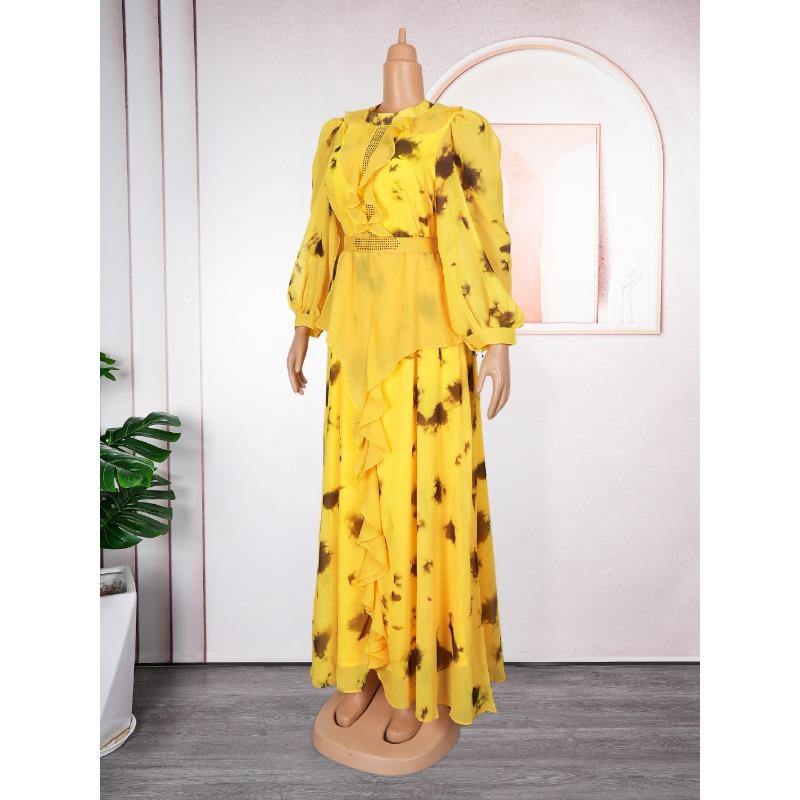 New Vintage Ruffled Print Long Dress for Plus Size Women