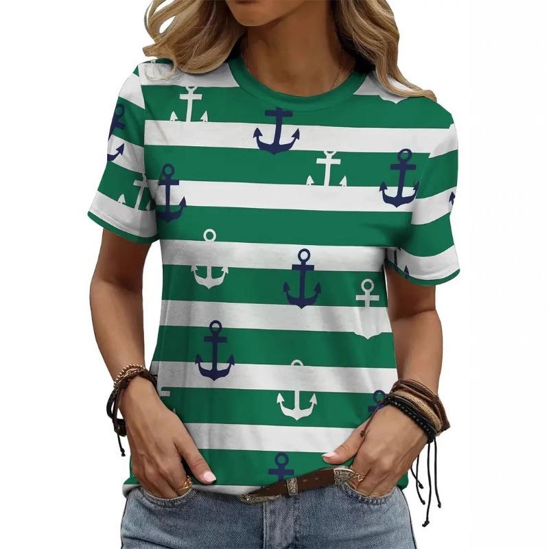 Stripe Color Blocked Digital Printing Fashion Trend Versatile Summer Women's Short Sleeved Round Neck T-shirt