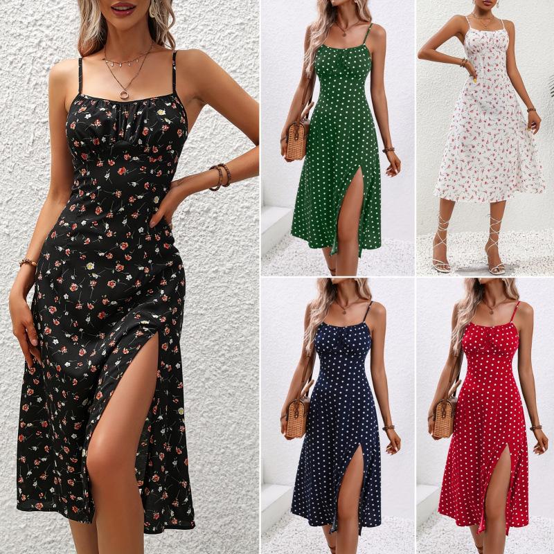 2026 Summer New Style Women's Floral Print Slit Camisole Dress Polka Dot Casual Long Dress