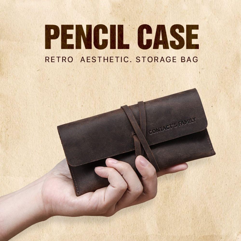 Cowhide Leather Pen Pouch Leather Pencil Storage Bag Retro Stationery Organizer  Office