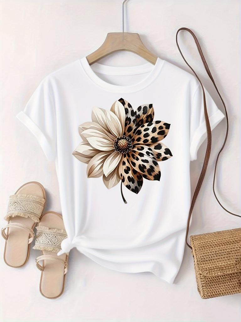 Damen Soft T-Shirt Atmungsaktiv Kurzarm Lässiges Party Oberteil Blumen & Leopard Streifen Design Lässig Vielseitig Schwarz & Weiß