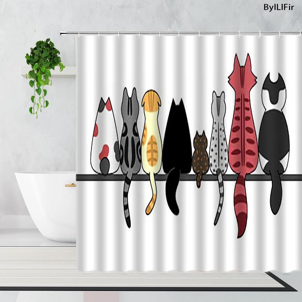 3D Cartoons Black White Cat Bathroom Waterproof Shower Curtain Simple Footprint Bathroom Curtains for Bathtub Screen with Hooks