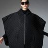 Women Hooded Quilted Poncho Cape Zip Up Warm Polyester Padded Shawl Coat With Pockets Fall Winter Outerwear 97x71cm