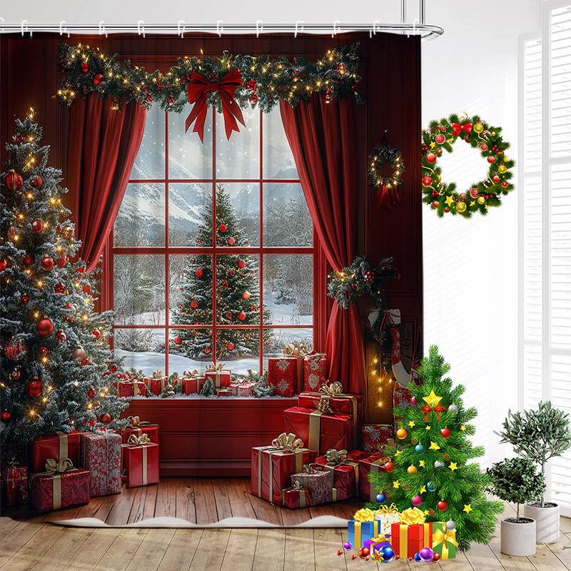 Red Christmas Shower Curtain Xmas Trees Gift Window Winter Forest Scenery New Year Home Wall Hanging Bathroom Decor With Hooks