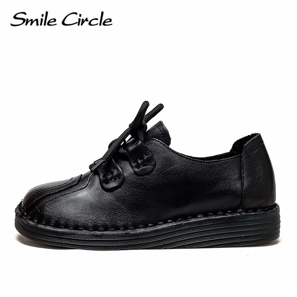 Natural Leather Women's Flat Shoes Lace-up Round Toe Casual Shoes Fashion Retro Work Shoes