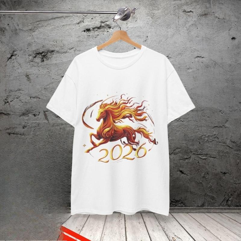 2026 Lunar New Year Chinese Zodiac Crewneck Tee Horse Fire Unisex Printed Tshirt Tops Casual Style Fashion Cotton Shortsleev