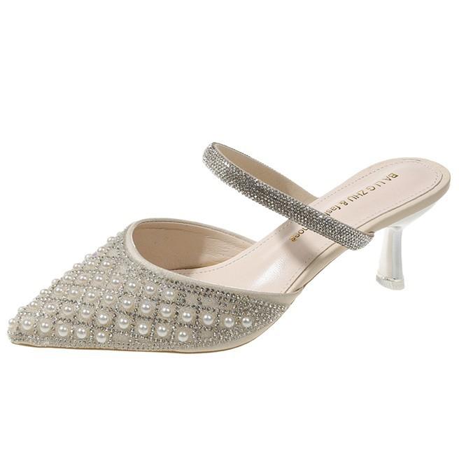 Pointed fashion sandals women 2025 summer new fashion rhinestone high heels Internet celebrity pearl two wear bag head slippers