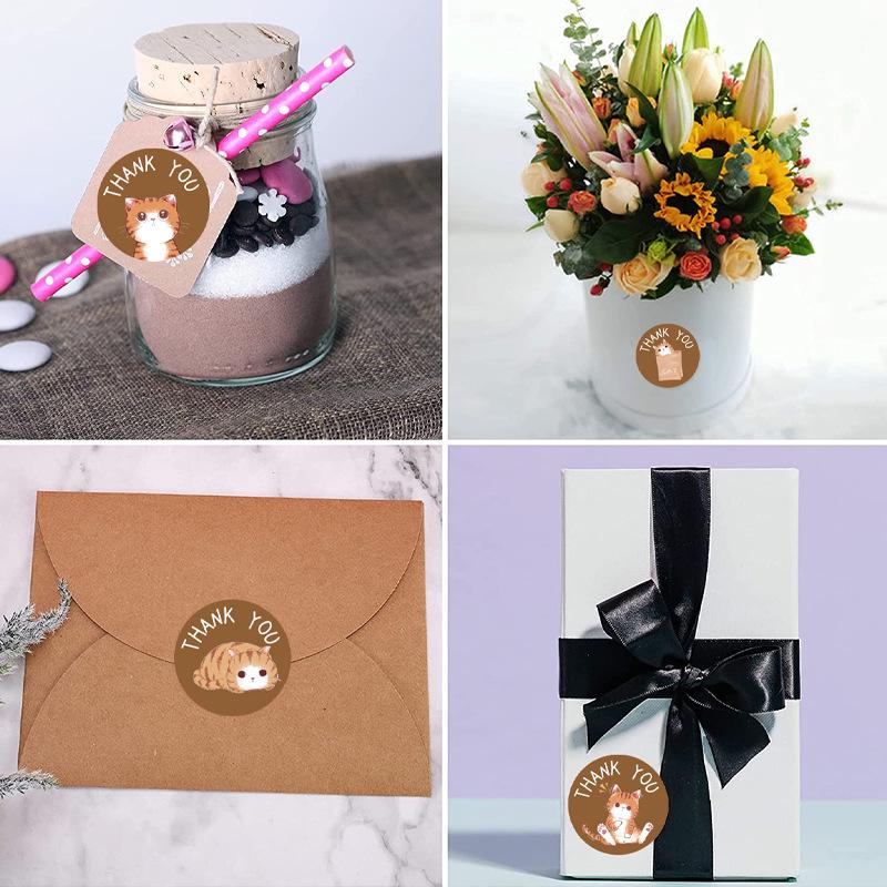 500 Sheets/Roll Cute Cartoon Cat Thank You Stickers - Round Self-Adhesive Envelope Seals