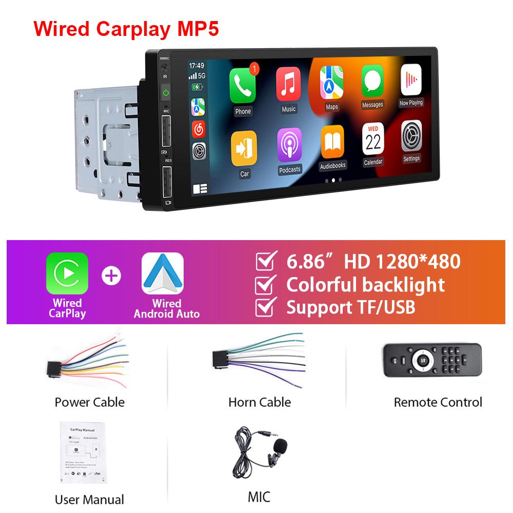 

Podofo 6.86 1Din Car Radio Multimedia Player MP5 Radio Wireless/Wired Carplay Android Auto Bluetooth FM Mirror Link Car Stereo Wired carplay MP5