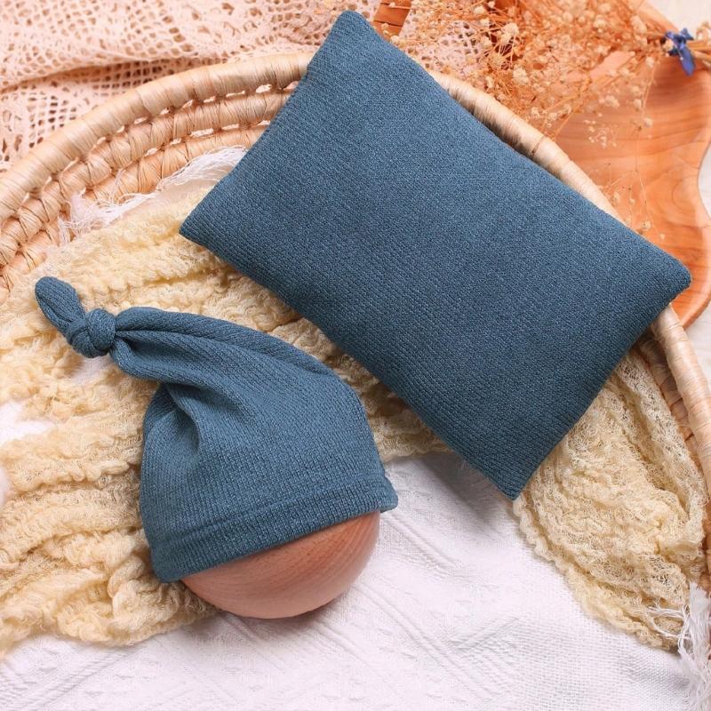 Infants Photo Shoots Apparel Set Solid Color Jumpsuits and Knotted Hat Pillow Photography Props for Baby Pictures Taking