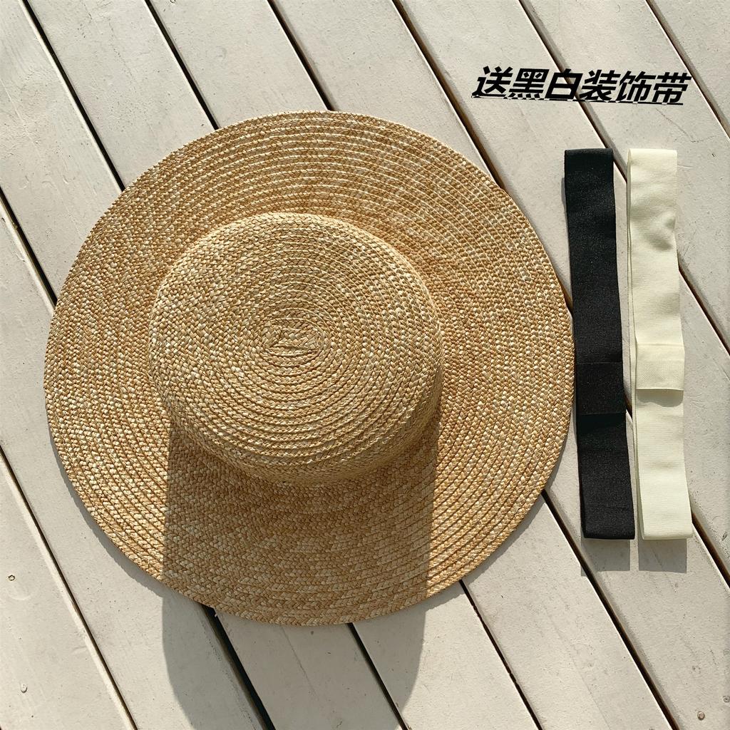Women's flat-top summer straw hat, vacation wheat straw woven seaside beach hat, internet celebrity sun protection British-style fedora