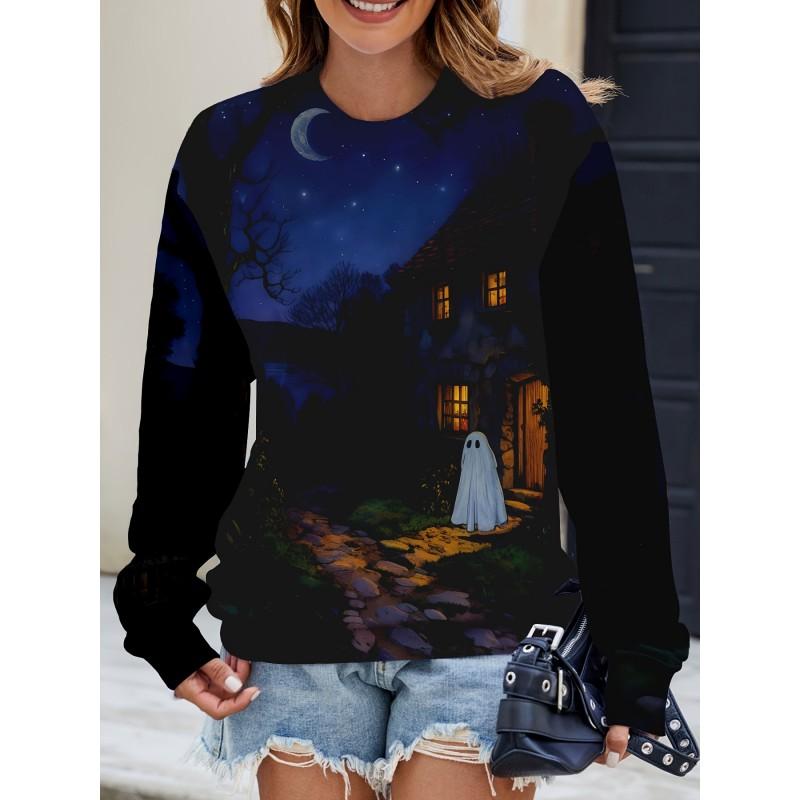 Womens Casual Hoodie With 3D Halloween Print Round Neck Lightweight Breathable Fabric