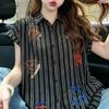 ZANZEA Women Casual Turn Down Collar Loose Short Sleeve Stripe Blouse