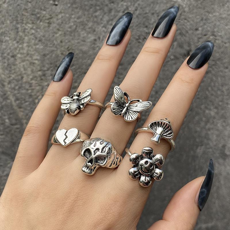 Punk YinYang Ring Set for Women Gothic Black Heart Butterfly Vintage Ghost Silver Color  Plated Retro Rhinestone Finger Jewelry