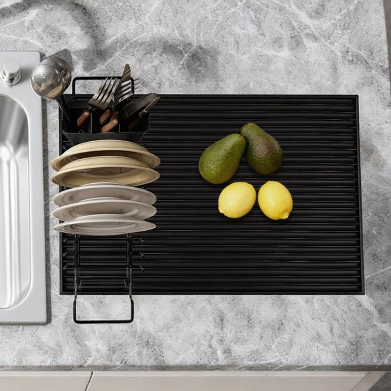 Adjustable Metal Dish Drainer Rack And Silicone Drying Mat Cutlery Holders For Compacts Kitchen Sink Organization Storage