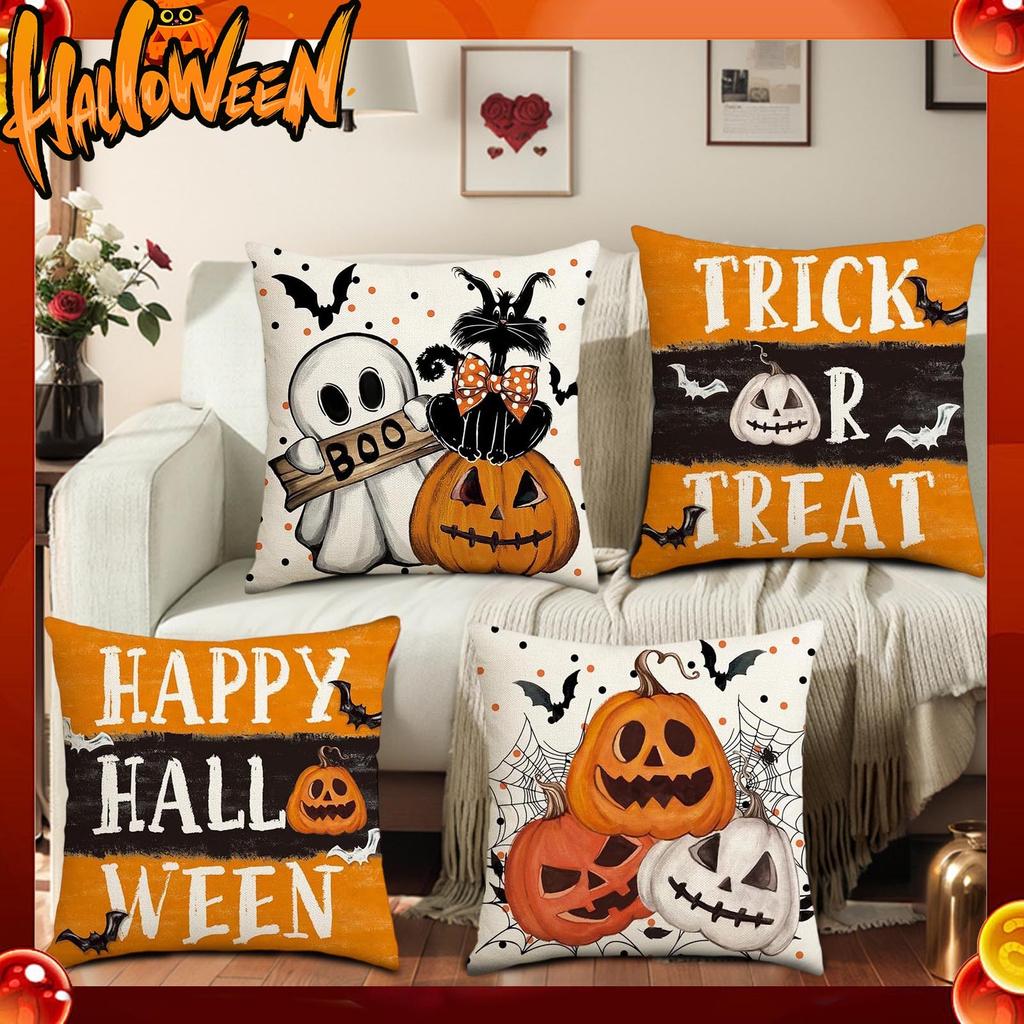 Halloween Decorative Linen Throw Pillow Cover With Single Sided Print (Pillow Insert Not Included)