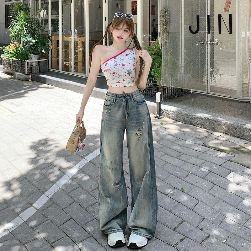 American Retro Blue Ripped Niche Design Wide Leg Denim Female High Waist Loose and Slimming Scratch Straight-Leg Pants Summer