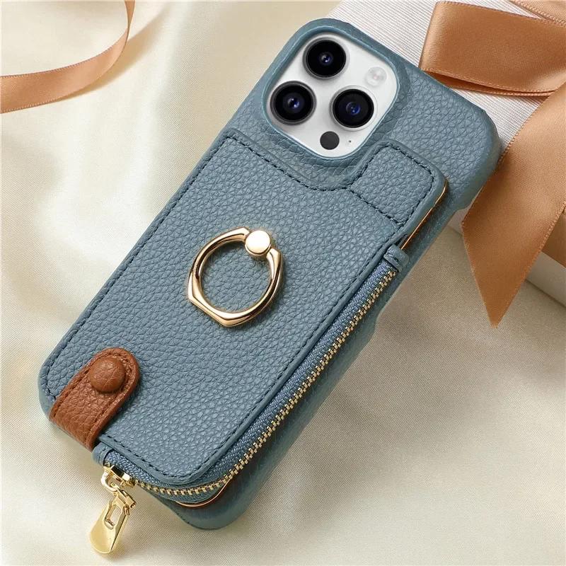 Leather Zipper Wallet with Card Holder Phone Case for IPhone 16E 16 15 14 13 12 11 Pro Max XS XR 7 8 Plus Ring Kickstand Cover