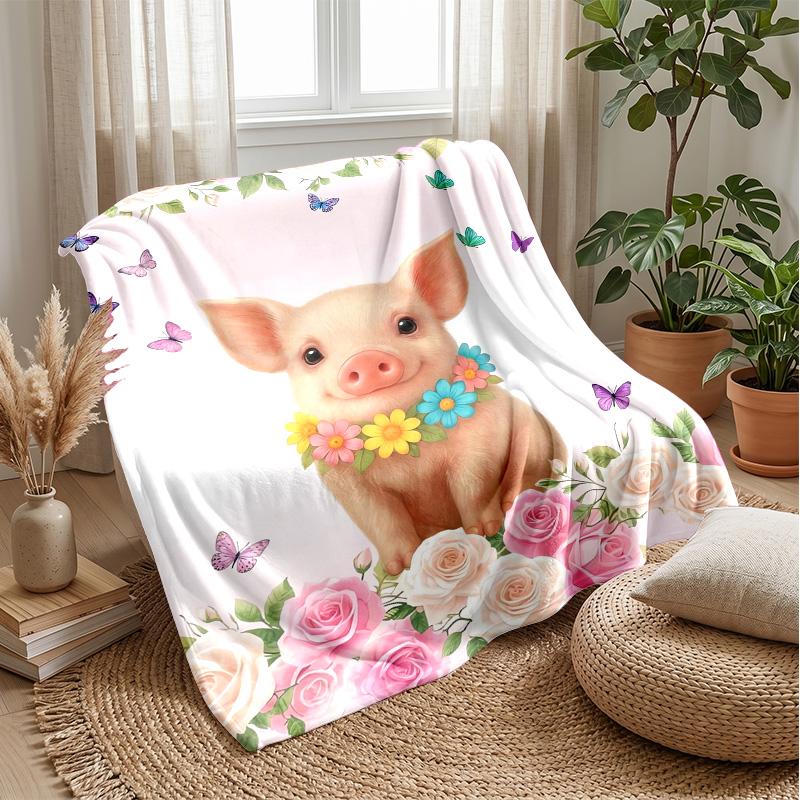 Pig with Flower Necklace Among Butterflies and Roses Theme Blanket Lightweight Warm Flannel Blanket Decorative Throw Blanket for Home Decoration