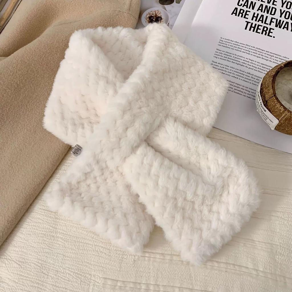 1116 New Korean Version Plush Small Scarf Fur Collar Women Winter Thickened Warm Versatile Cold Neck Protection Cross Scarf