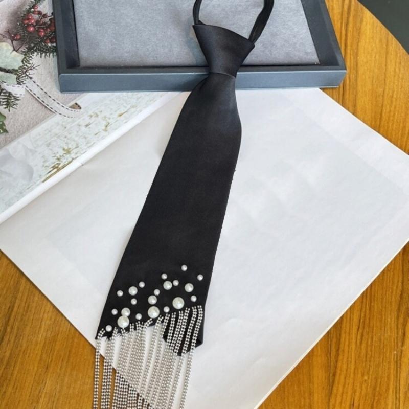 Imitation Pearls Accent Necktie Adjsutable Strap Closure Swing Tassels Decoration Business Casual Fashion Accessories