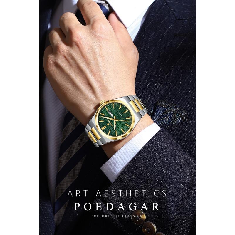 POEDAGAR Luxe Herenhorloge Datum Week Waterdicht Lichtgevend Roestvrij Staal Horloge voor Man Casual Kwarts Horloges Mannelijk Sport+Doos