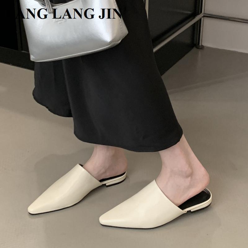 Designer 2025 Spring Pointed Toe Women Mule Slippers Female  Slip On Shoes Ladies Casual Loafers Flats Heel Slides Sandals Mujer