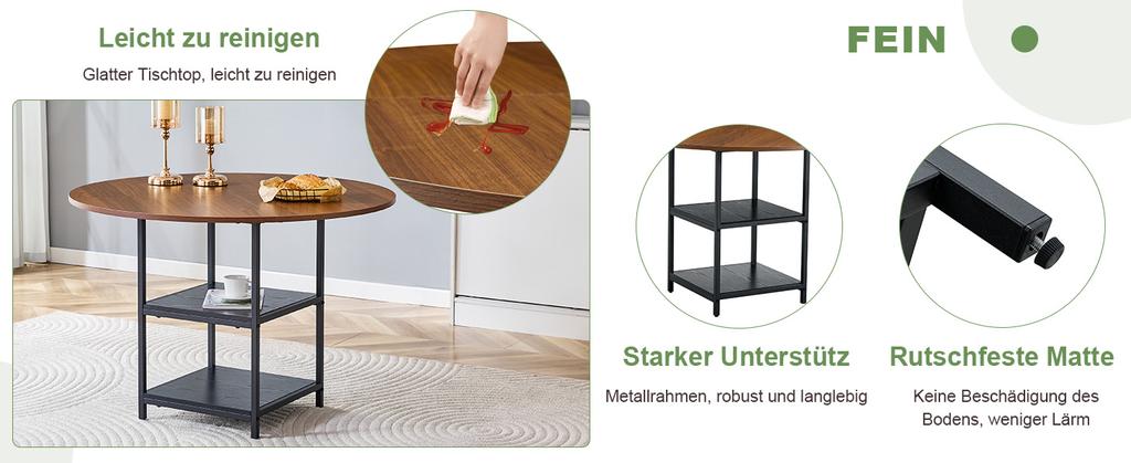 Round Dining Table with 107 Cm Diameter and Double Shelf In Walnut Look, MDF Top + Metal Frame, Suitable for 2–4 People, for European Family Meals.