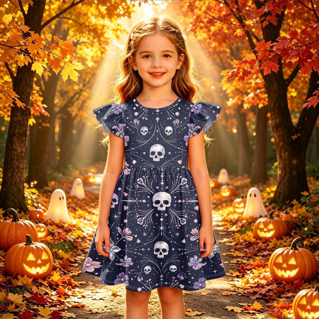 Kids Halloween Printed Dress with Sleeve Casual Party Dress for Girls