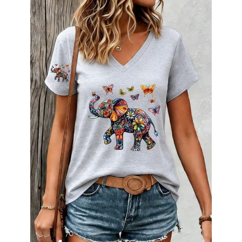 Modisches Retro-Tier Elefant 3D-Druck Damen-T-Shirt für Sommerkomfort V-Ausschnitt Kurzarm Täglich