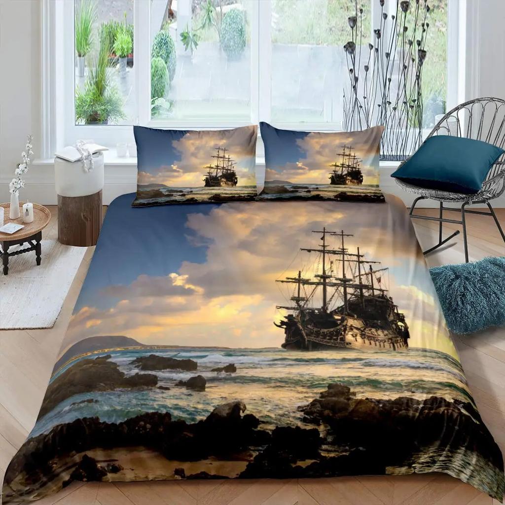 Nautical Sailboat King Queen Duvet Cover Coastal Sailing Boat Bedding Set Sea Adventure Comforter Cover Polyester Quilt Cover