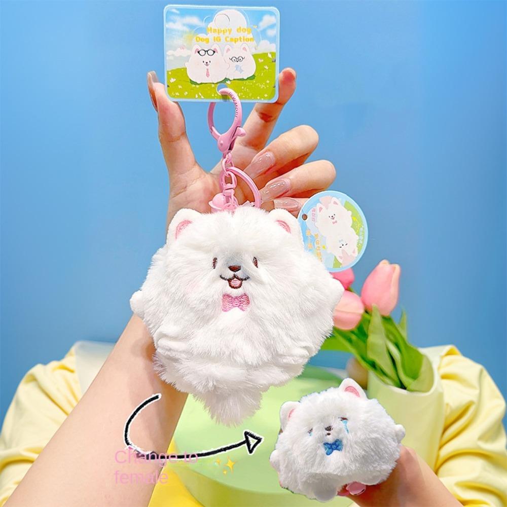 Cartoon Samoyed Plush Keychain Fluffy Doll Squeaky White Dog Pendant Backpack Decor