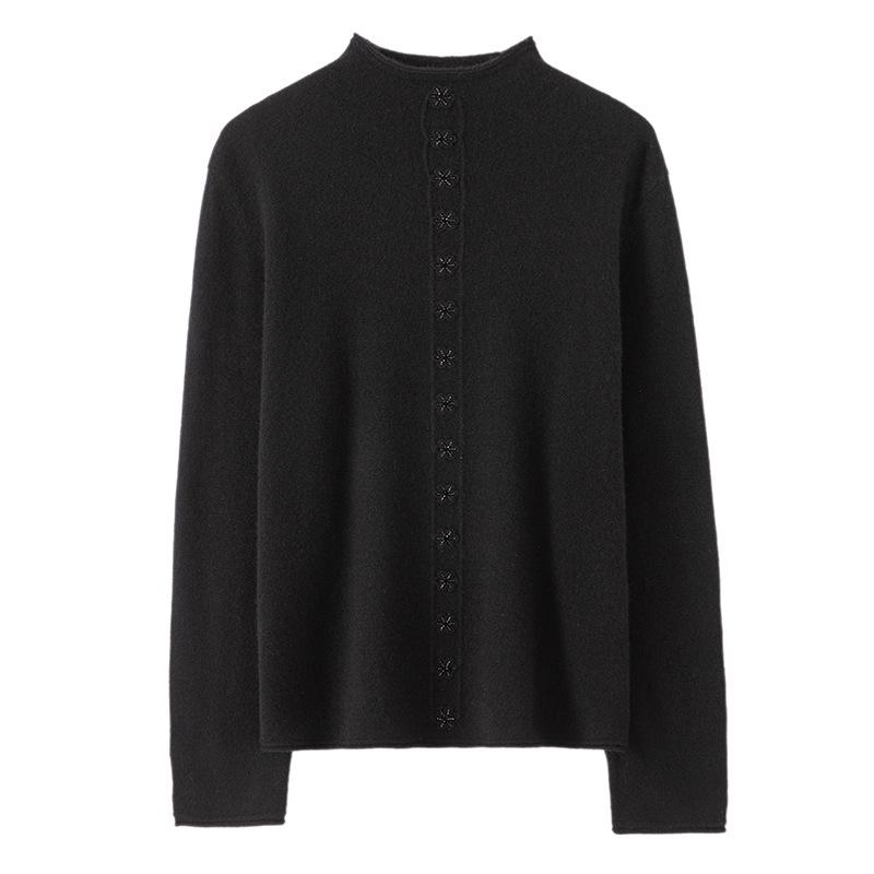 Lekasha Pure Cashmere Hand-Beaded Half-High Collar Cardigan Coat for Women