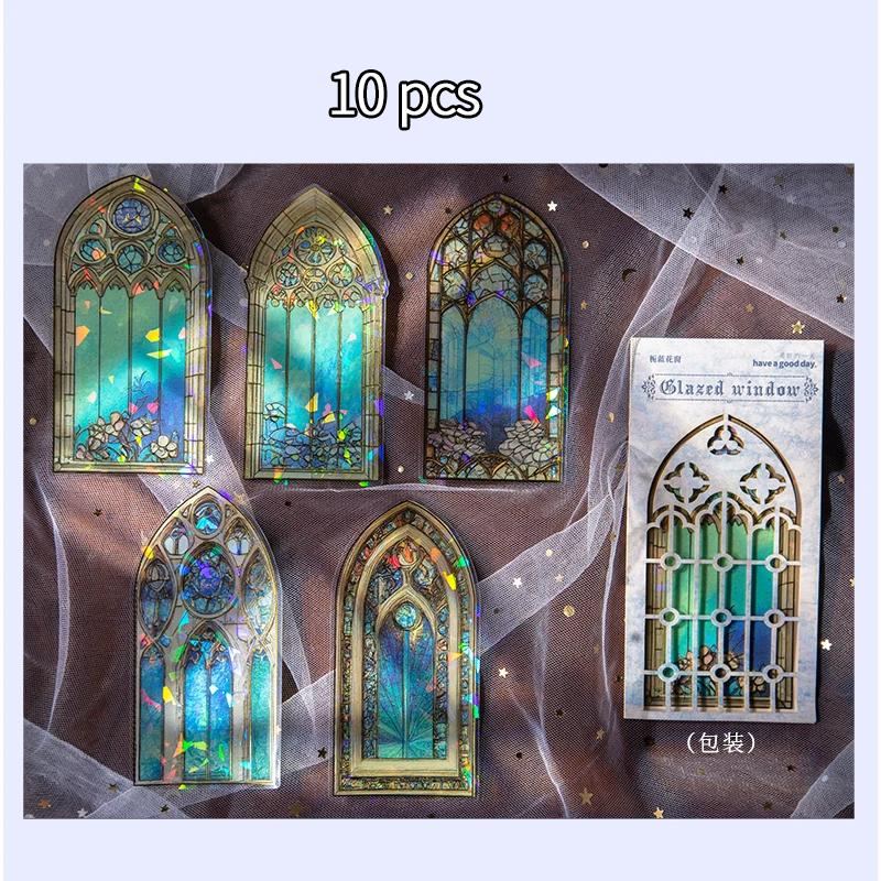 10pcs Large size Flowers Window Stickers Gold Foil Decor Junk Journal DIY Srapbooking Collage Stationery PET Twinkle Stickers