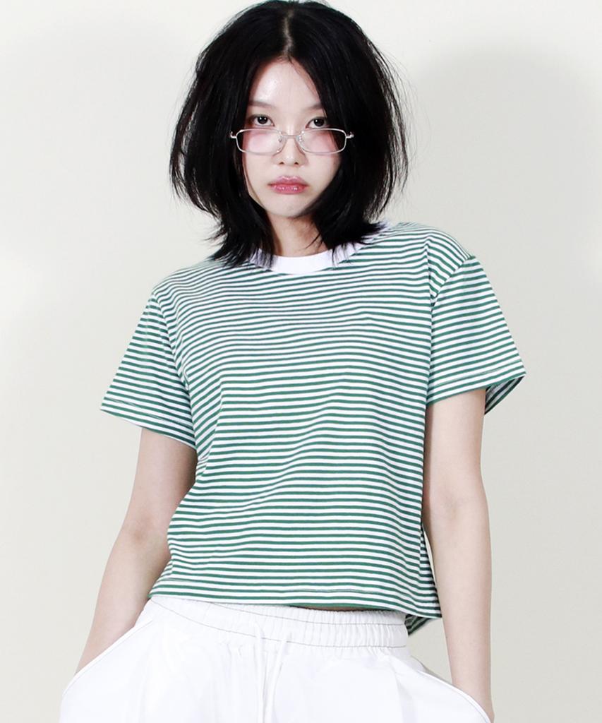 Deumakeu Striped Semi-Crop Short Sleeve T-Shirt Green