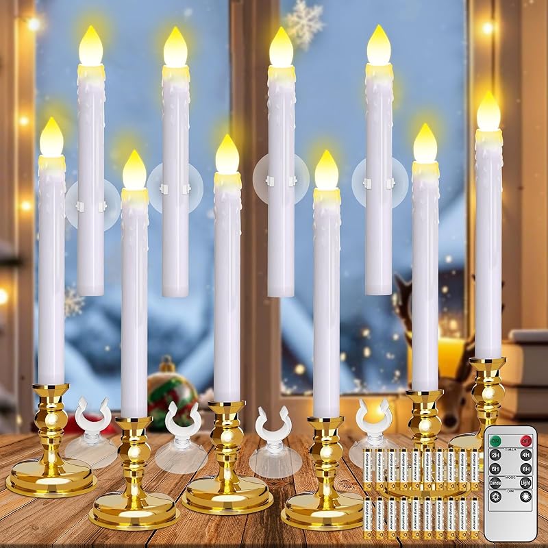 Flameless Candles 10 Pack Battery Operated Window Candles with Drip Texture,Remote Timer,10 Removable Candle Holders,10 Suction Cups,20 AA Batteries